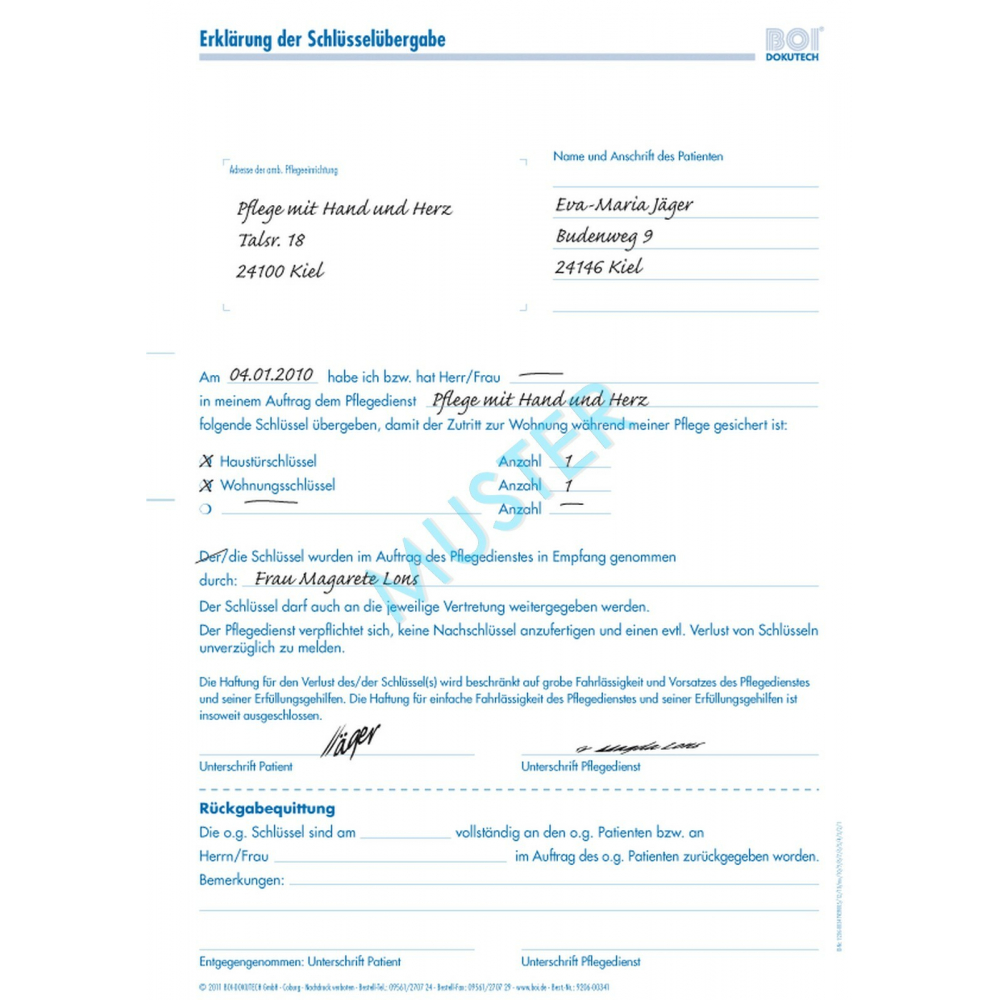 Erklärung der Schlüsselübergabe