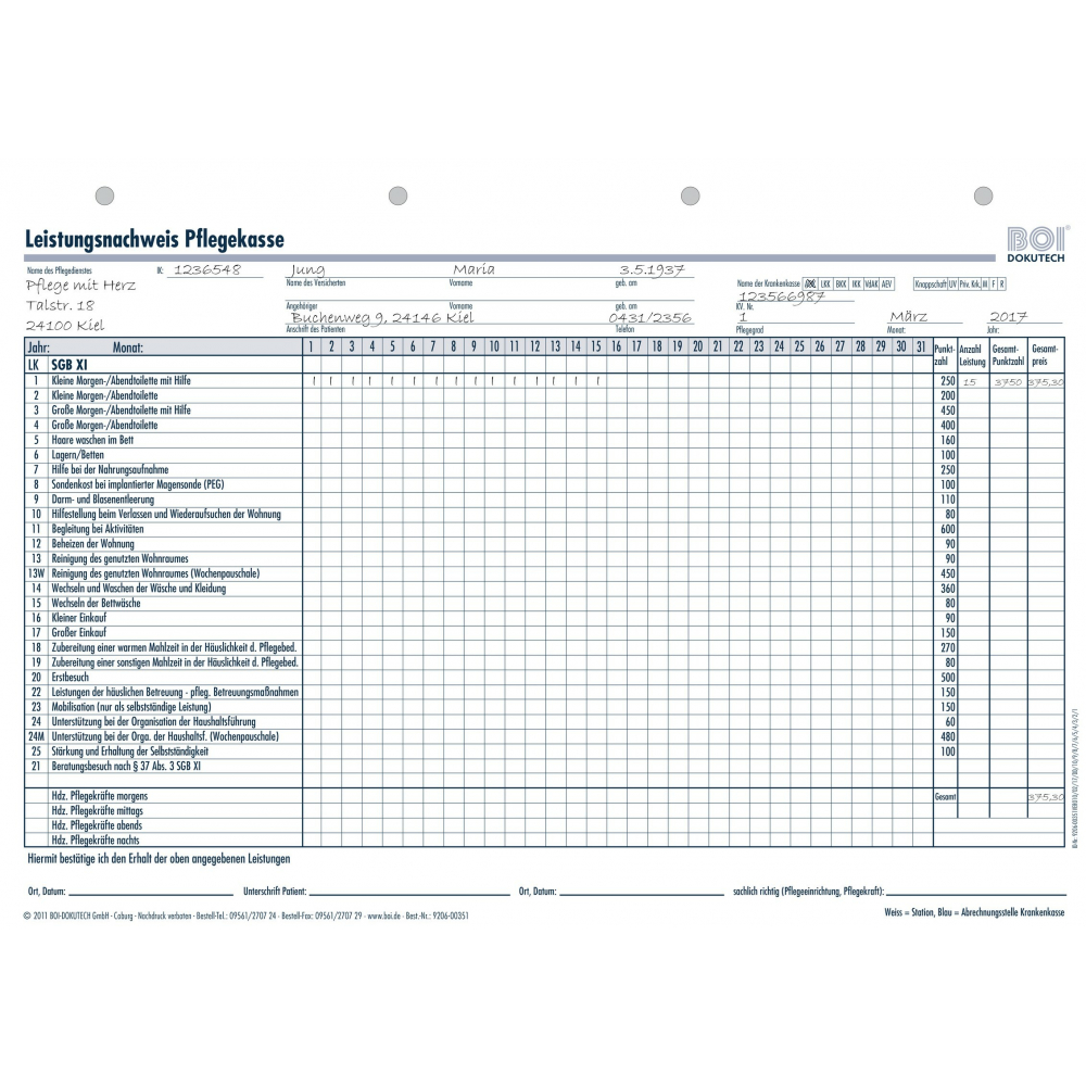 Leistungsnachweis Pflegekasse