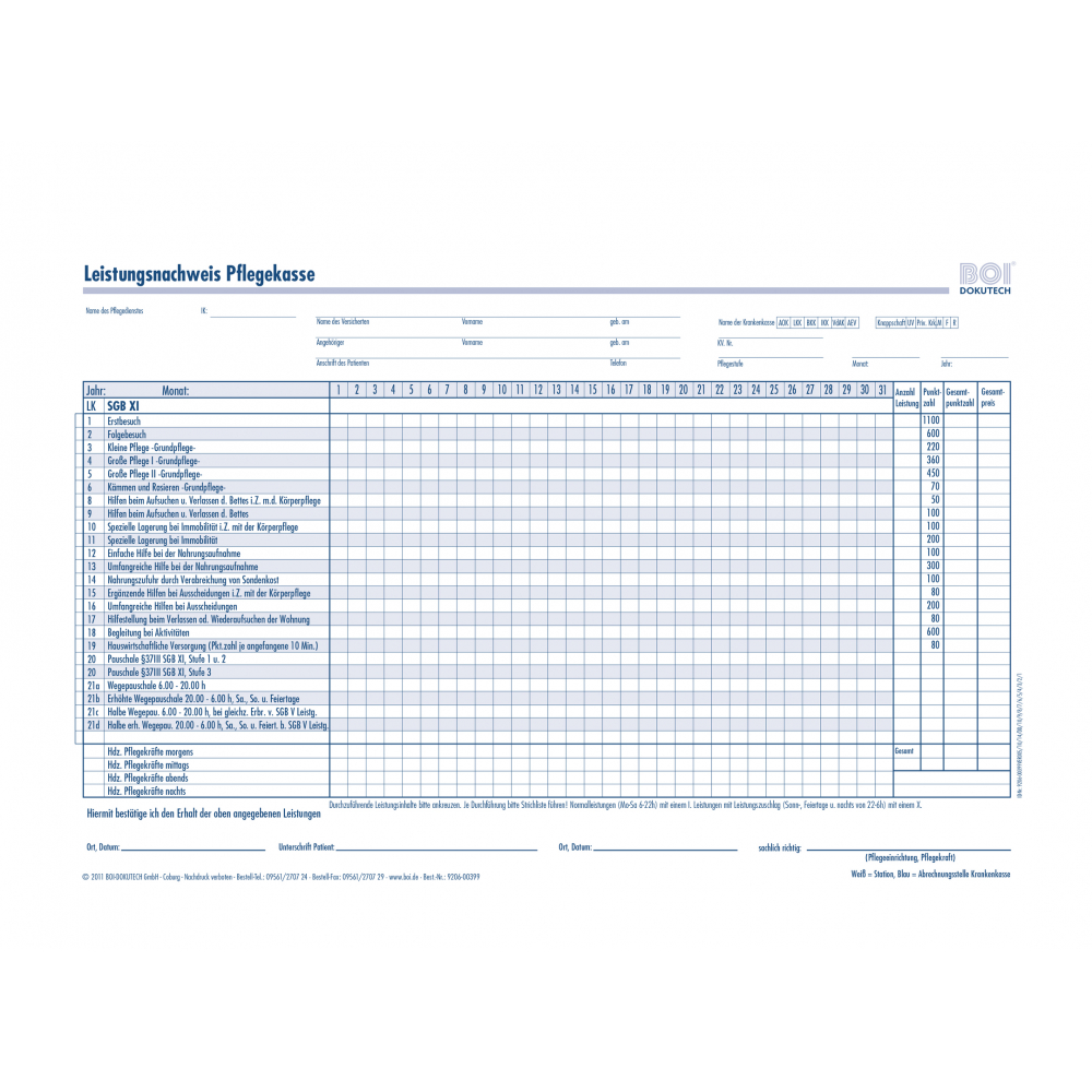 Leistungsnachweis Pflegekasse Niedersachsen