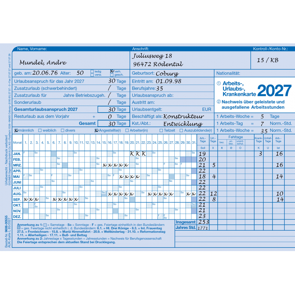 Arbeits-Urlaubs-Karte 2027